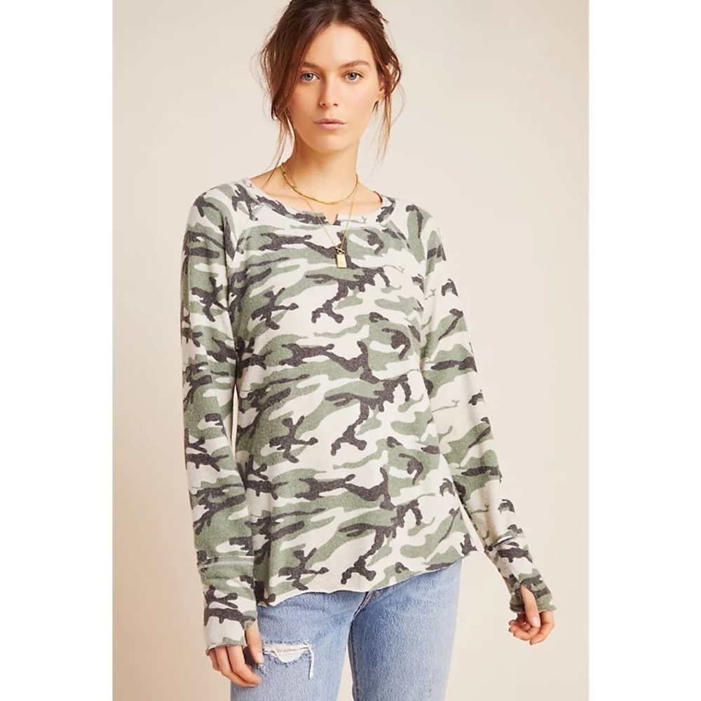 Anthropologie Michael Stars Sierra Camo Pullover Sweashirt Long Sleeve Top Green